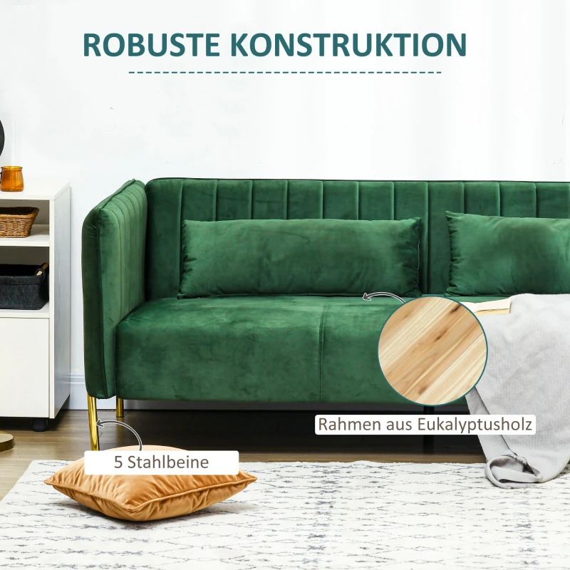 HOMCOM Sofa 3-Sitzer-Sofa Couch, inkl. 2 Kissen, Samtoptik, Retro-Design, abnehmbarer Bezug, 195 cm x 88 cm x 76 cm Grün