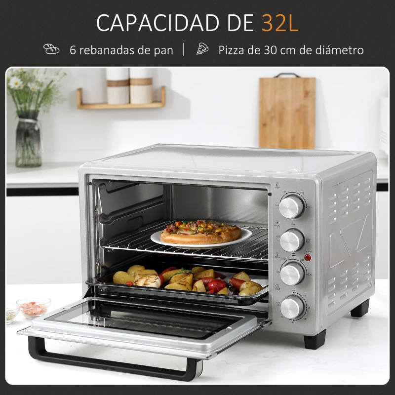 HOMCOM Horno Eléctrico de Sobremesa 32L 1600W con 3 Modos de Calor Temporizador y Temperatura Regulable 52,2x38,1x33,5 cm Plata