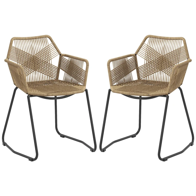 HOMCOM Set 2 Sedie da Pranzo Stile Boho da Interno in Rattan PE con Schienale Basso e Braccioli, Giallo