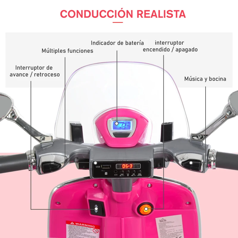HOMCOM Moto de Batería Autorizada de VESPA con Faros Música 2 Ruedas Auxiliares 108x49x75 cm Rosa(m-5)