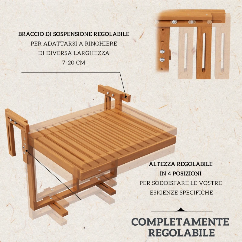 Outsunny Tavolino da Ringhiera per Balcone Pieghevole e Regolabile in Legno, Colore Teak