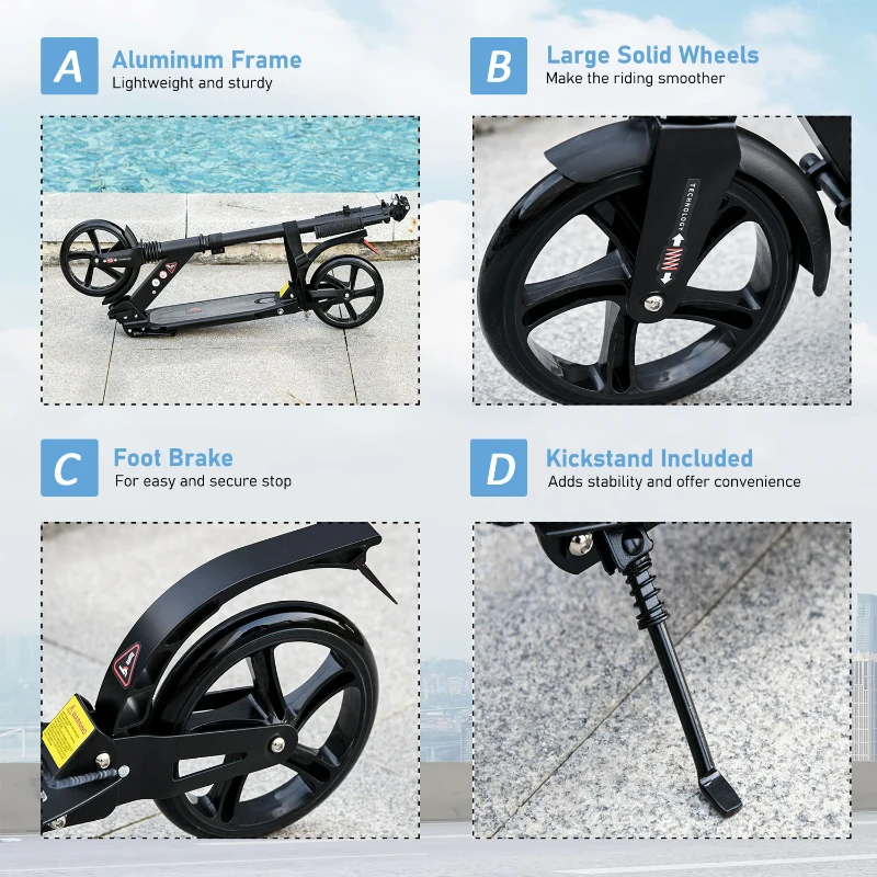 HOMCOM Kick Scooter Foldable Aluminum Ride On Toy For 8+ Adult Teens with Foot Brake, Adjustable Handle, Black