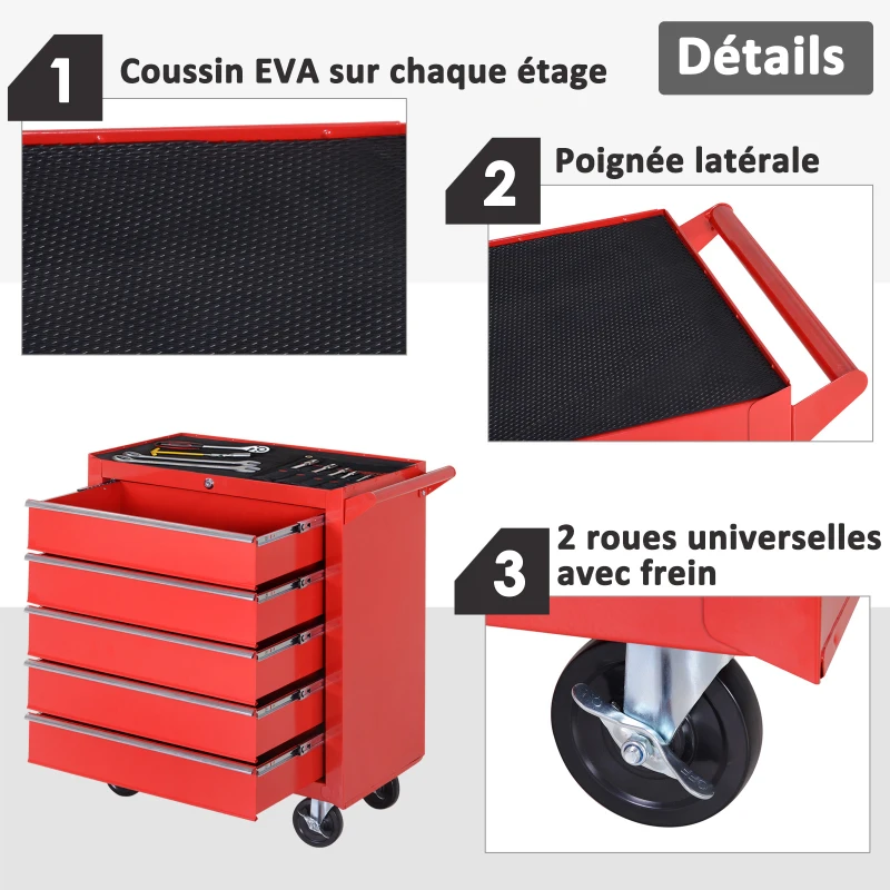 DURHAND Chariot à outils sur roulettes pour atelier avec 5 tiroirs verrouillable 2 clés acier 69 x 33 x 75 cm rouge