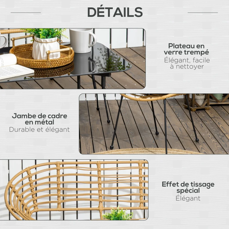 Outsunny Ensemble salon de jardin 4 pièces canapé 2 places + 2 fauteuils + 1 table basse plateau verre trempé 7 coussins