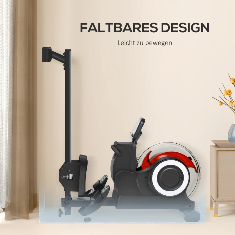 SPORTNOW Wasserrudergerät, klappbar, 6 Widerstände, Display, Handyhalterung, bis 120kg, Metallgestell, Schwarz