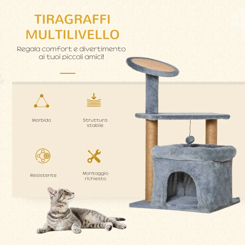 PawHut Tiragraffi per Gatti con Pali in Juta, Casetta e Cuscino, Rivestimento Peluche, Altezza 84cm, Grigio