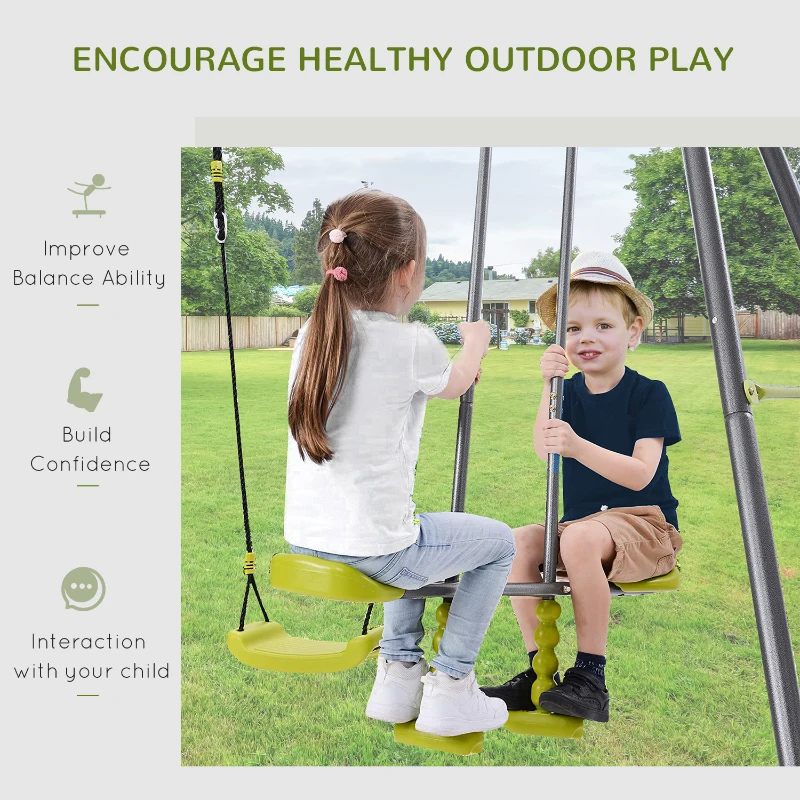 HOMCOM 3-In-1 Kids Garden Swing Set, with Metal Frame, for 4 Kids, Ages 3-10 Years