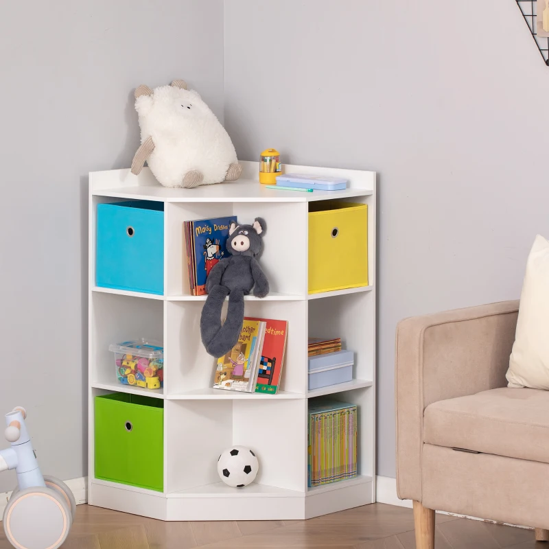 HOMCOM 3 Tier Kids Bookcase Toy Organiser Storage w/ 3 Fabric Drawers, White