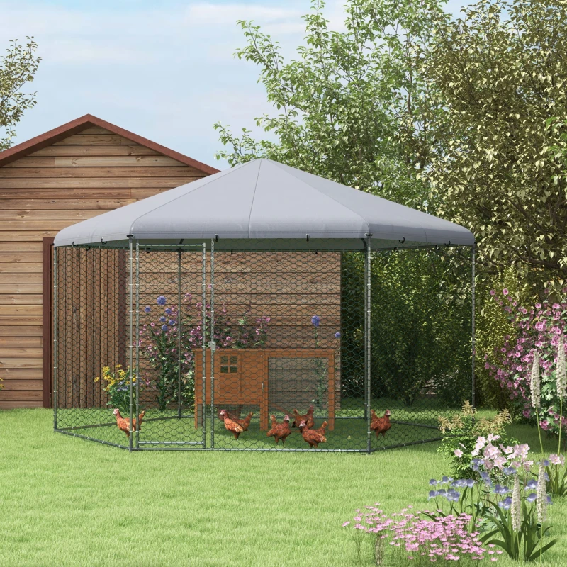 PawHut Recinto per Galline con Tetto e Porta Bloccabile in Acciaio per 10-15 Animali, 4x3.5x2.6m