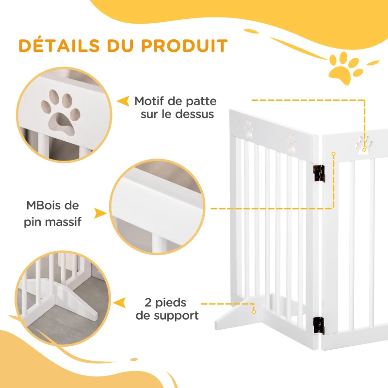 PawHut Barrière de sécurité barrière modulable pliable pour animaux de compagnie 4 panneaux en bois de pin massif 204 x 30 x 61 cm blanc