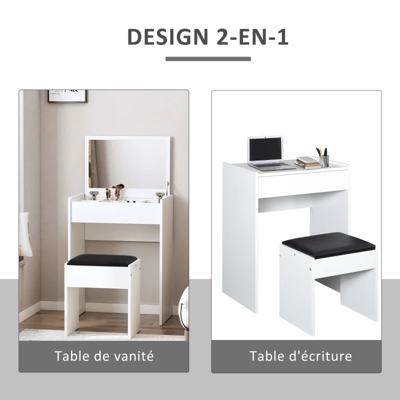 HOMCOM Coiffeuse Table de Maquillage avec Tabouret Miroir Rabattable 9 + 1 Compartiments intégrés 60L x 40l x 79H cm Blanc Noir