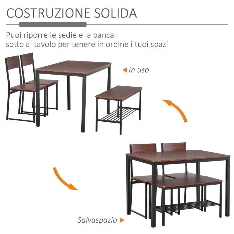 HOMCOM Set Tavolo da Pranzo con 2 Sedie Stile Industriale e Panca 2 Posti in Legno e Metallo per Soggiorno e Cucina Nero e Marrone