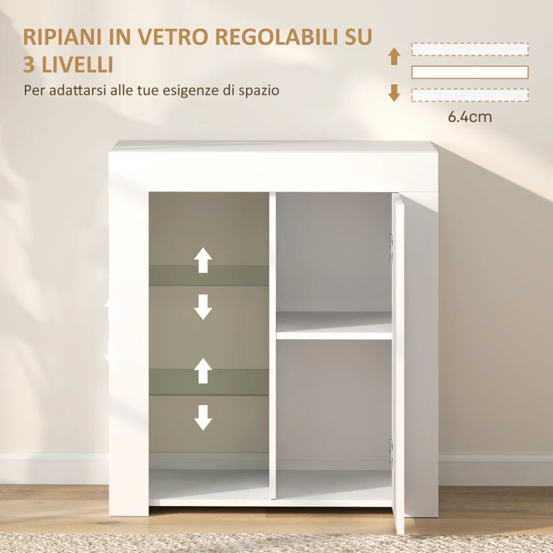 HOMCOM Mobile Contenitore a LED con 3 Ripiani Aperti e Armadietto a 2 Livelli, in Legno e Vetro, 75x40.1x83 cm, Bianco