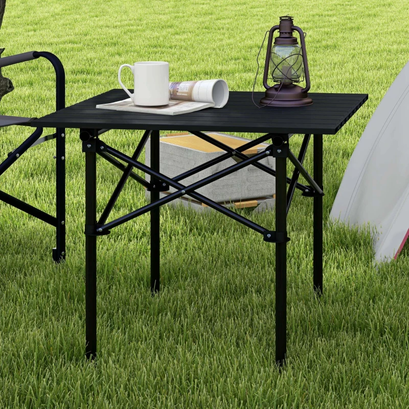 Outsunny Mesa de Camping Plegable y Portátil con Parte Superior Enrollable y Estructura Metálica Carga 30 kg 52x52x52 cm Negro