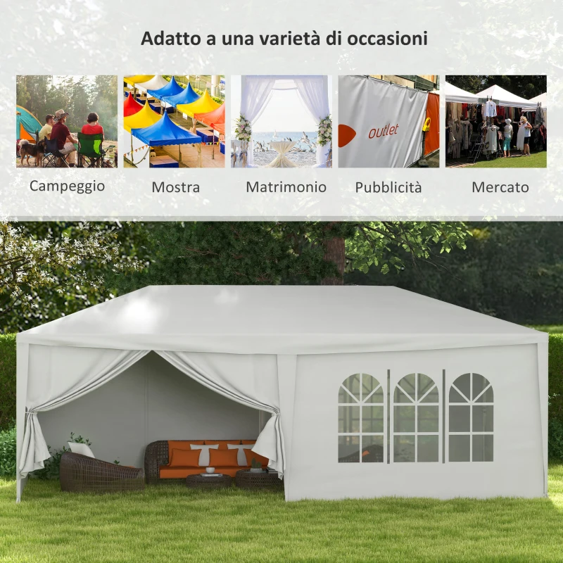Outsunny Gazebo Tendone per Feste 6x3m con Pareti Laterali Rimovibili, Porte e Finestre, Bianco