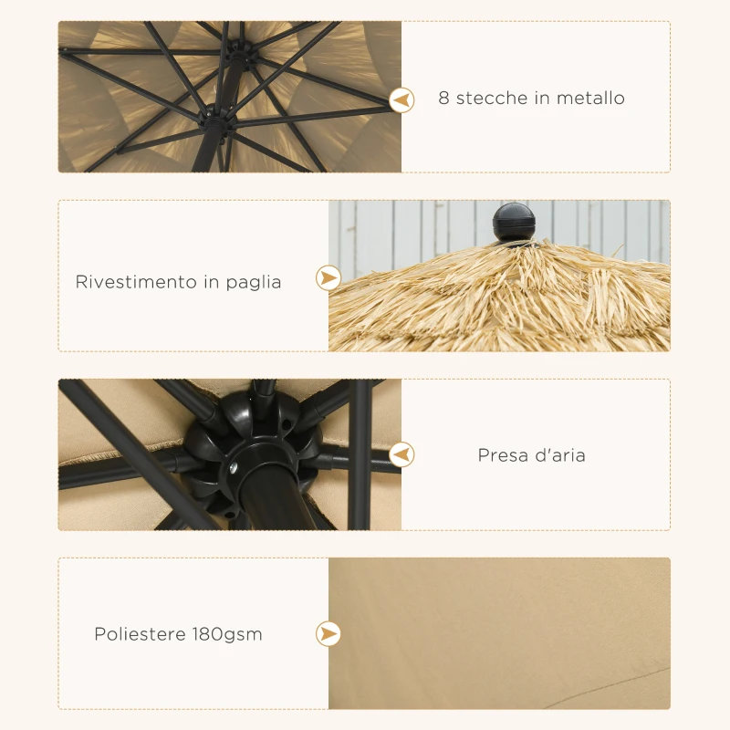Outsunny Ombrellone da Giardino Rotondo con Copertura in Paglia e Manovella, Ø265x250cm, Cachi