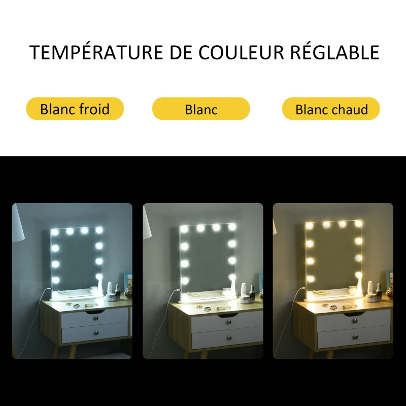 HOMCOM Miroir Maquillage Hollywood Lumineux LED intensité réglable pour Coiffeuse dim. 41L x 13P x 51H