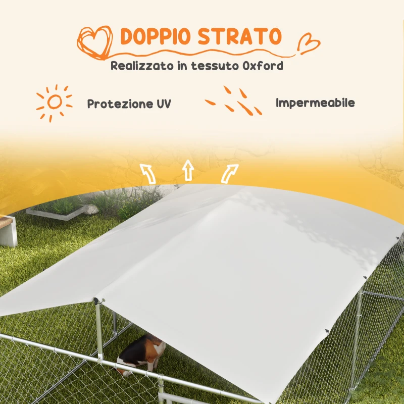 PawHut Recinto per Cani Grandi fino 30kg per Esterno, con Tetto Impermeabile e Anti-UV, 4x2.3x1.5m, Argento