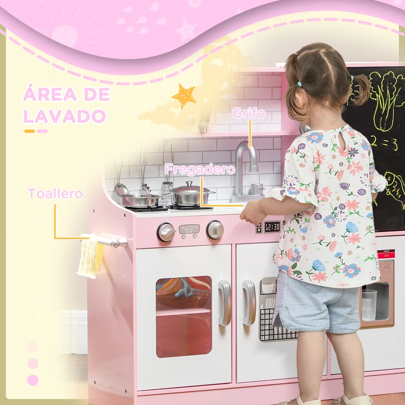AIYAPLAY Cocina para Niños de +3 Años con Accesorios para Cocinar Pizarra Máquina de Hielo y Teléfono 83,8x26,8x81 cm Rosa(m-6)