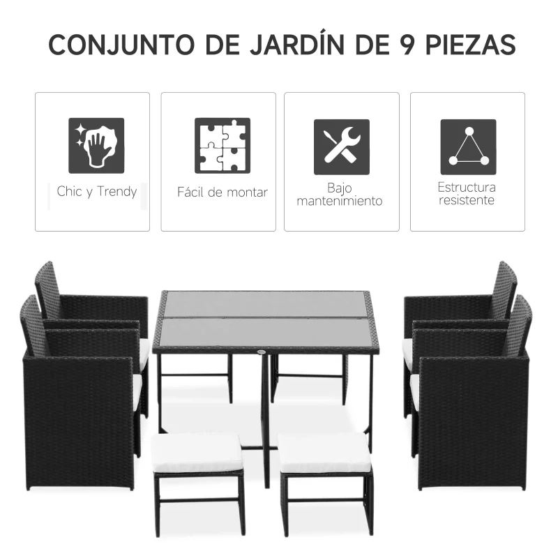 Outsunny Conjunto de Muebles de Jardín Comedor 9 Piezas de Ratán Apilables con Cojines para Terraza 1 Mesa 4 Sillas y 4 Taburetes de Exterior Elegante Negro