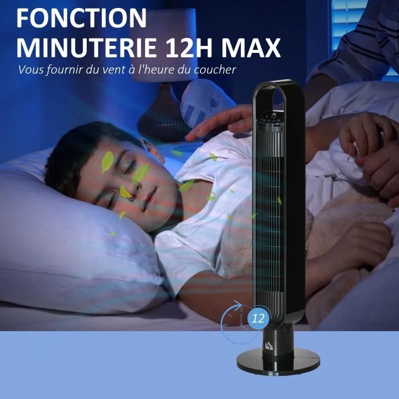 HOMCOM Ventilateur colonne à ions négatifs oscillant 80°, télécommande écran LED 60 W, minuterie 12H, 3 modes 3 vitesses, noir