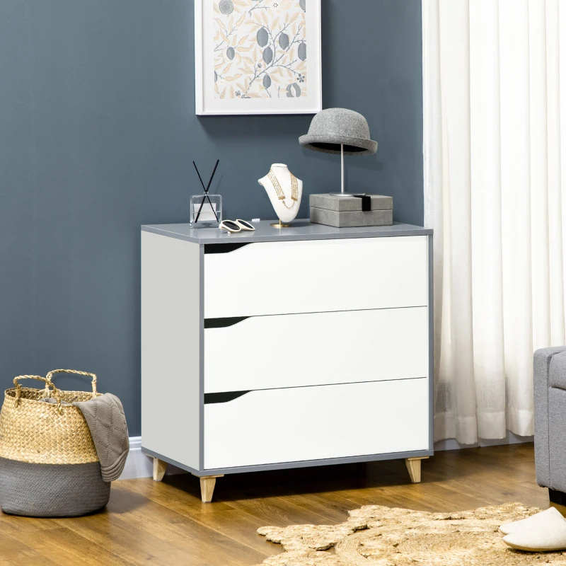 HOMCOM Drawer Chest, 3-Drawer Storage Cabinet Unit with Pine Wood Legs for Bedroom, Living Room, 75cmx42cmx75cm, White