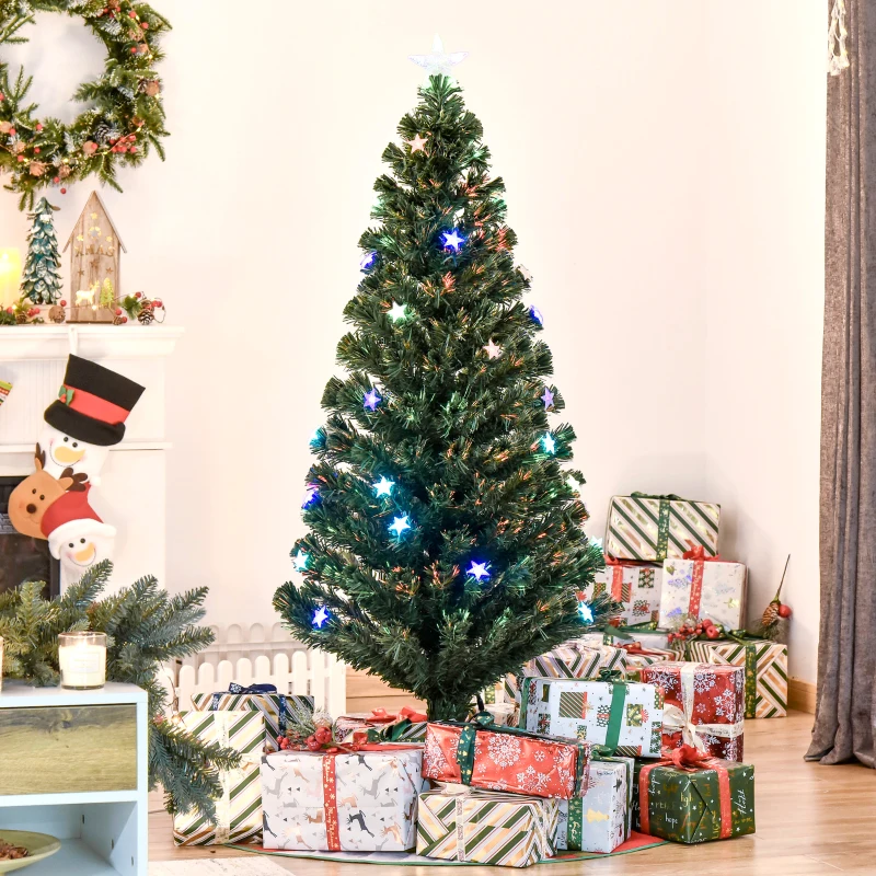 HOMCOM Albero di Natale Artificiale 150cm con 36 Luci LED e Fibre Ottiche Colorate, 180 Rami e Base Pieghevole, Verde
