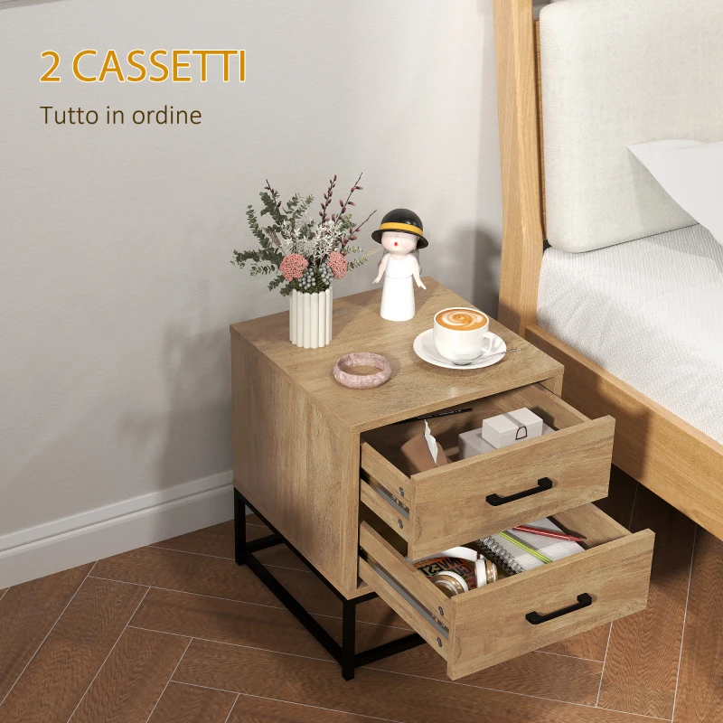 HOMCOM Set di 2 Comodini con 2 Cassetti Stile Industriale in Legno e Acciaio, Colore Legno