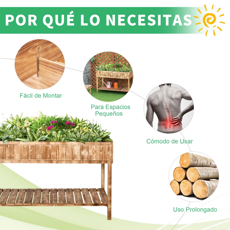 Outsunny Huerto Urbano de Madera 120x60x81 cm Jardinera Elevada para Cultivo de Plantas Flores Mesa de Cultivo con Estante Inferior para Jardín Terraza Exterior Carbanizado