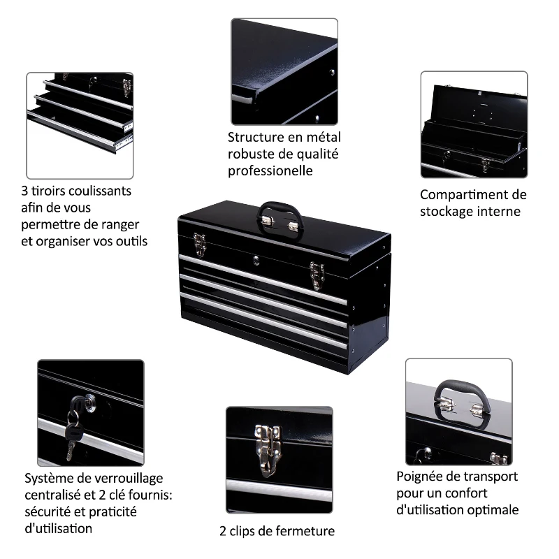 HOMCOM Coffret caisse boite a outils metallique avec 3 tiroirs noir 54 x 22 x 29 cm