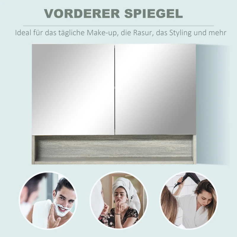 kleankin Spiegelschrank Badschrank mit zwei Türen und Ablage wasserfest Grau 80 x 15 x 60cm