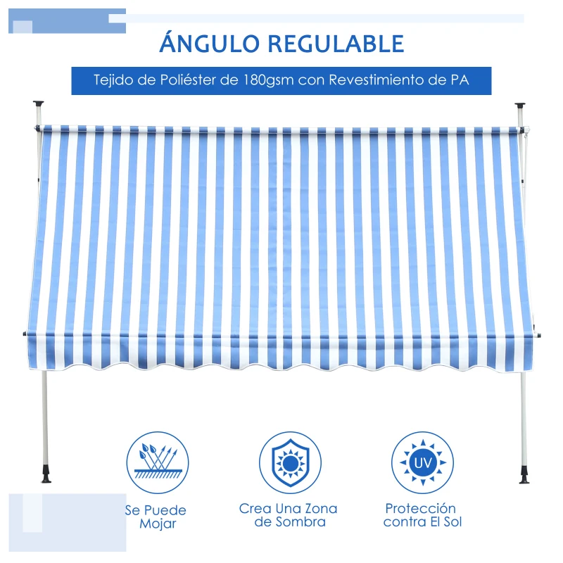 Outsunny Toldo Manual Retráctil para Exterior 197x250x200/300cm Toldo Enrollable con Altura Ajustable y Manivela Color Azul y Blanco