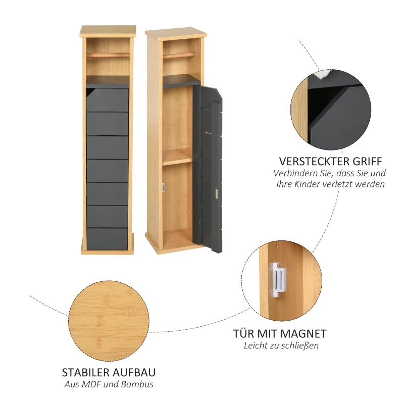 HOMCOM Badezimmerschrank mit höhenverstellbarem Regal Badmöbel mit Tür Toilettenpapier Handtuchhalter versteckter Griff MDF Bambus Braun+Grau 18 x 18 x 75 cm