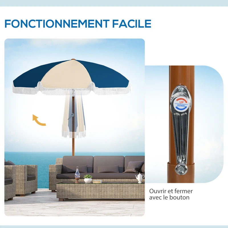Outsunny Parasol inclinable rond Ø 213 cm avec franges polyester haute densité anti-UV mât démontable, vintage bleu et beige