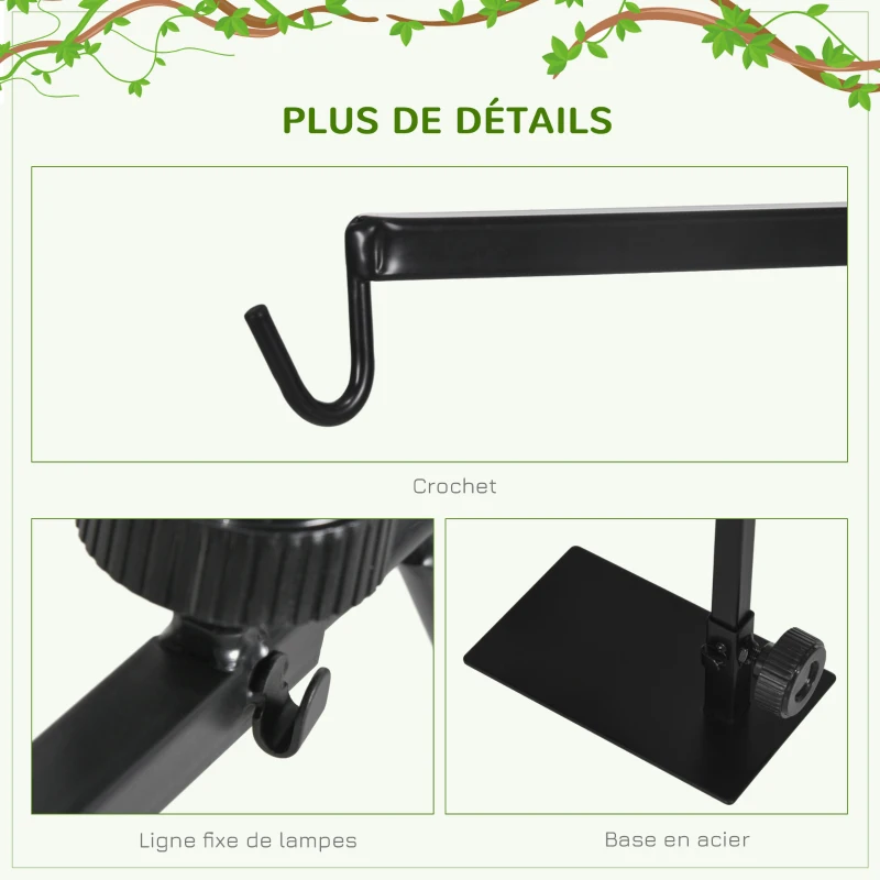 PawHut Support de lampe chauffante pour reptiles hauteur et largeur réglables pour amphibiens base en acier 32 x 9 x 67 cm noir