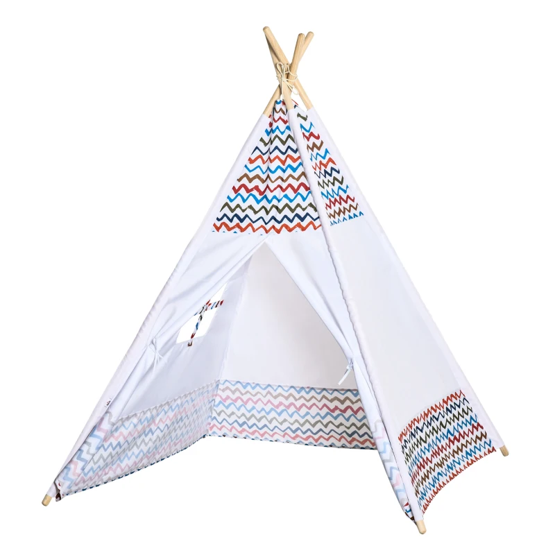HOMCOM Tienda de Campaña para Niños de +3 Años Tipi Infantil de Madera Portátil con Ventana para Interiores y Exteriores 120x120x155 cm Blanco