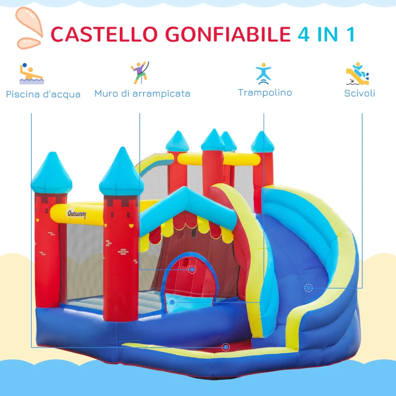 Outsunny Castello Gonfiabile 4 in 1 per Bimbi 3-8 Anni con Scivolo e Piscina, 290x270x230cm