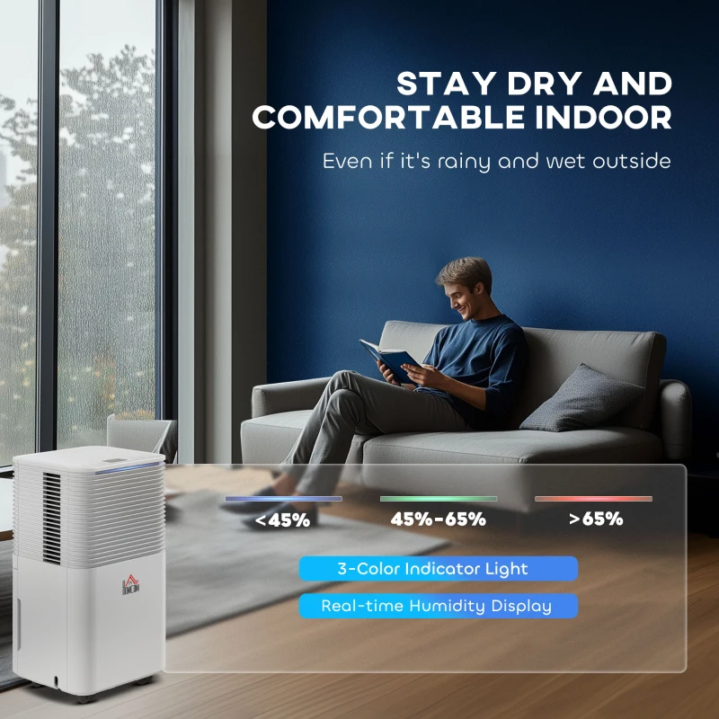 HOMCOM 12L/Day Dehumidifier with 2L Water Tank, Laundry Drying, Automatic Humidity Sensor, Electric Portable Dehumidifier with 24H Timer, 3 Modes for Home Damp, Mould and Condensation