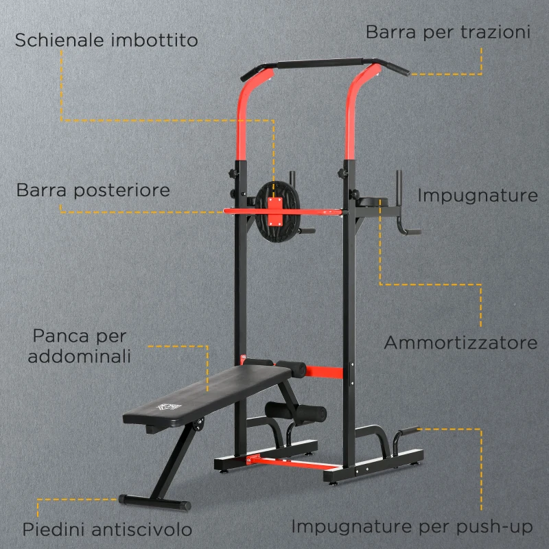 HOMCOM Stazione da Fitness Sbarra per Trazioni, Power Tower Palestra Multifunzione Pieghevole Altezza Regolabile 180-230cm Max. carico 120kg