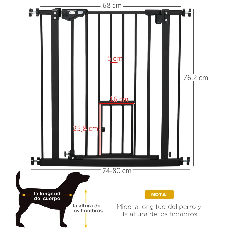 PawHut Barrera de Seguridad Extensible con Puerta Pequeño Cierre Automático y Sistema de Doble Bloqueo 74-80x76,2 cm Negro