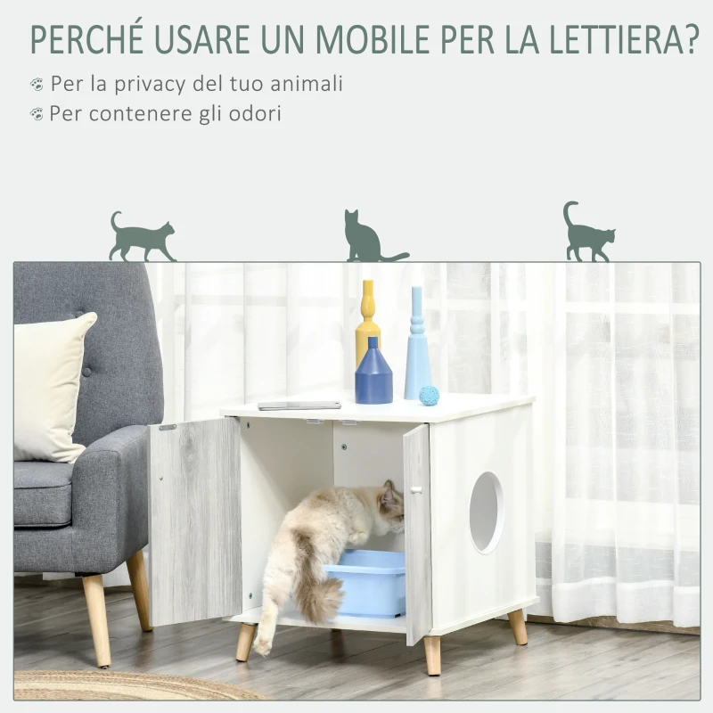 PawHut Mobile Lettiera per Gatti Fino 5.5kg con Foro d'Ingresso Laterale, 60x55x62.5cm - Bianco e Grigio