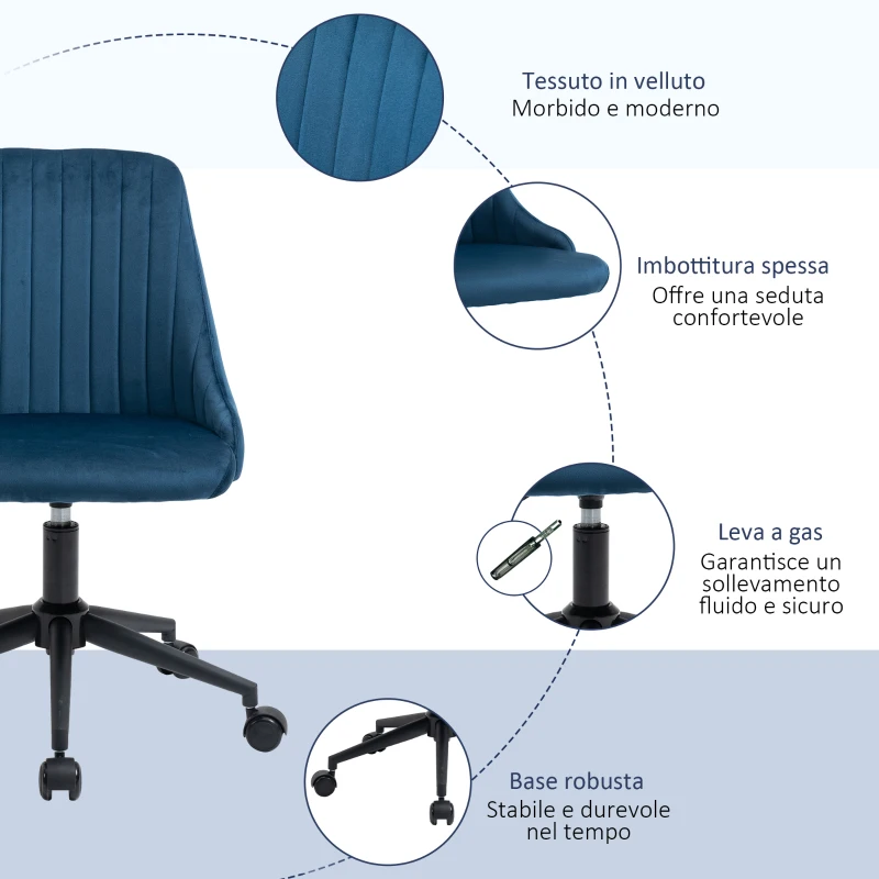 Vinsetto Sedia da Ufficio in Velluto Blu con Altezza Regolabile, Sedia Ergonomica Girevole a 360° e Ruote, 50x58x77-87cm