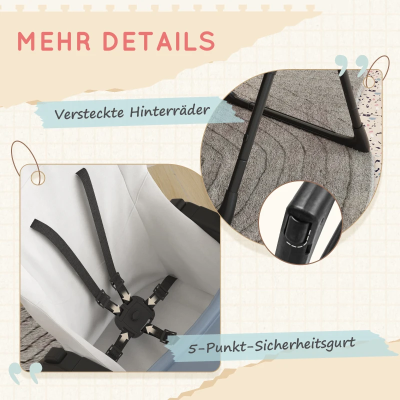 ZONEKIZ Babyhochstuhl klappbarer Babyhochstuhl, 5-Punkt-Gurte, doppeltes Tablett, Blau + Schwarz + Weiß