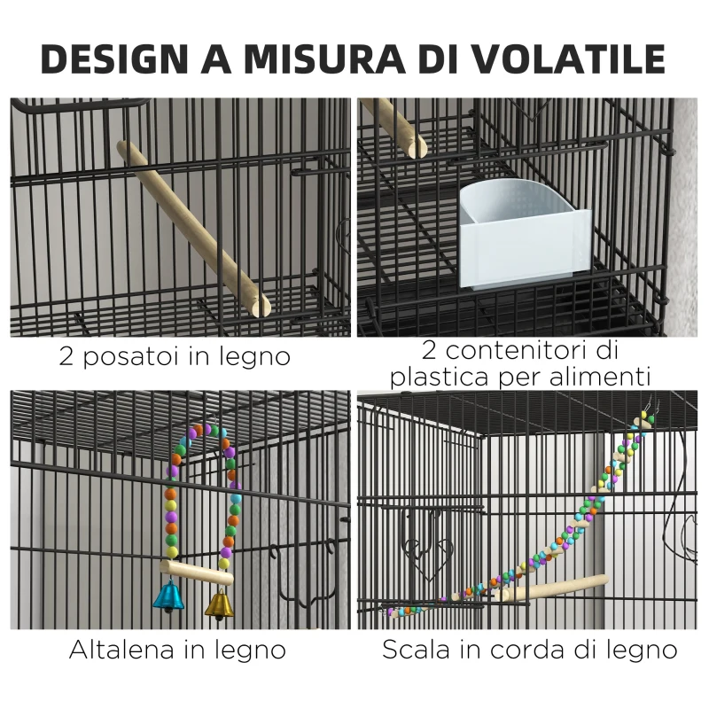 PawHut Gabbia per Uccelli in Acciaio e PP, Design Impilato con Posatoi, Altalene e Scalette, 77x46x164 cm, Nero