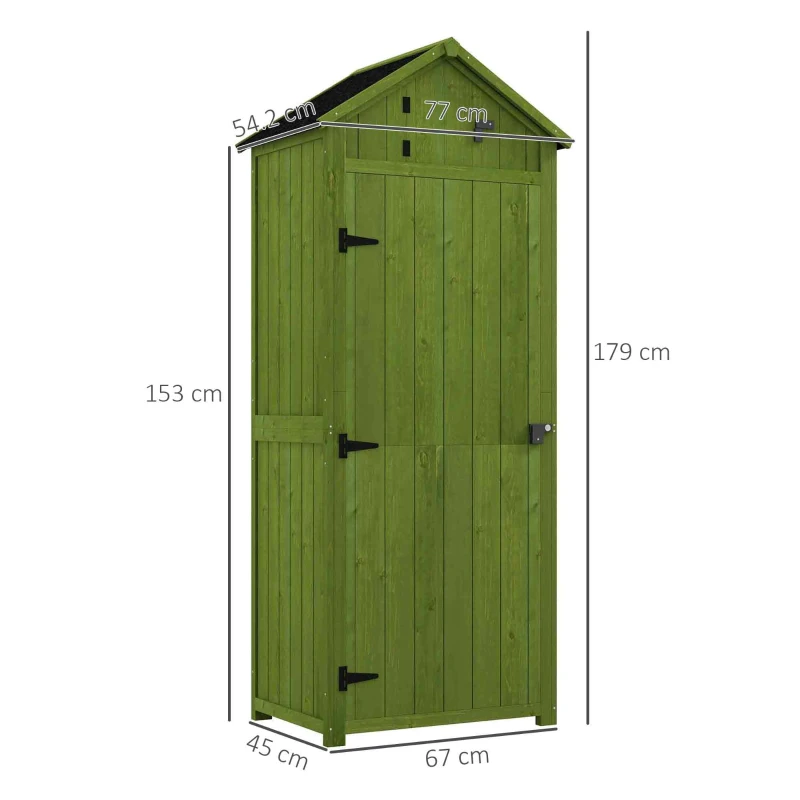 Outsunny Small Shed, Tall Slim Wooden Garden Shed with 3 Removable Shelves and Roof Hatch, Compact Outdoor Tool Storage Cabinet with Asphalt Roof and Door Latch, 77 x 54.2 x 179 cm, Green