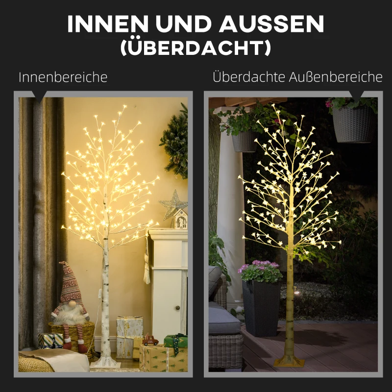HOMCOM Kunstbaum, Kunstbirke, mit 180 LEDs, 3 Helligkeitsstufen, warmweiß, realistische Rinde, 21,5 x 21,5 x 180 cm