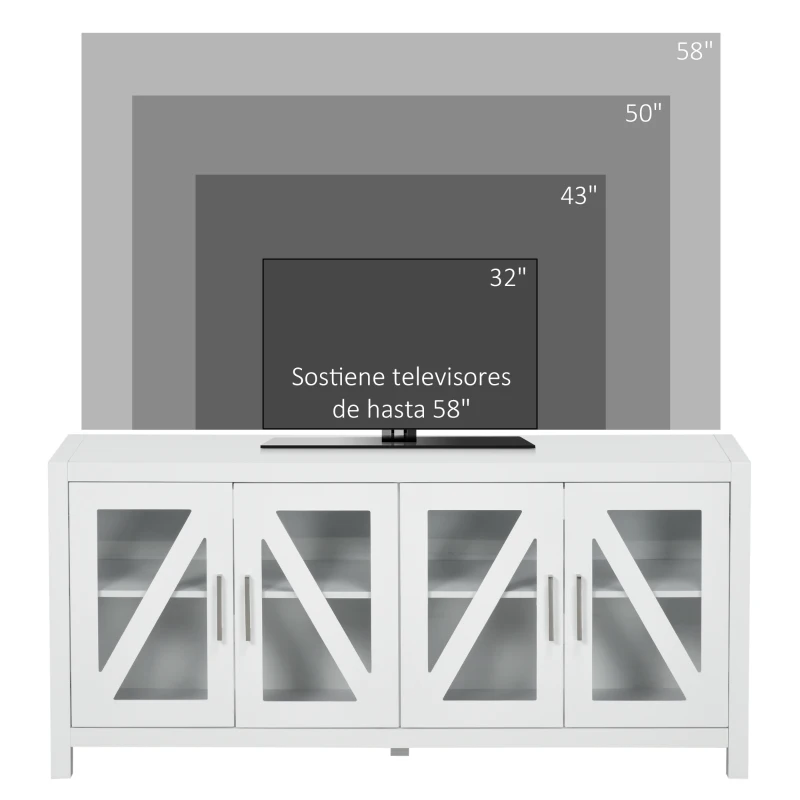 HOMCOM Mueble TV de Salón Mesa para Televisores de hasta 58" con 4 Puertas de Vidrio Estantes Ajustables 130x35x60 cm Blanco