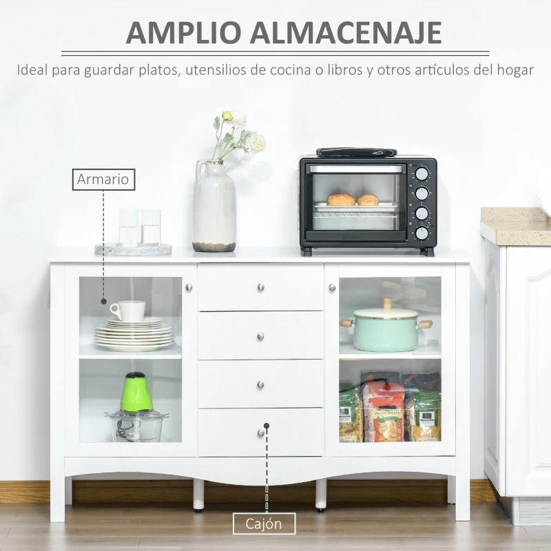 HOMCOM Aparador de Cocina Armario Buffet con 2 Puertas de Vidrio Estante Ajustable Interior y 4 Cajones Mueble Auxiliar para Comedor Salón 136x45x85 cm Blanco