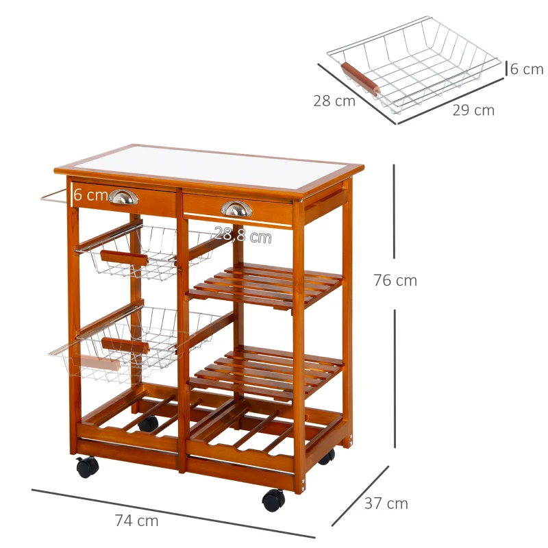 HOMCOM Servierwagen Rollwagen Küchenwagen Küchentrolley mit Keramik-Tischplatte und ausziehbaren Metallkörben Küchenrollwagen Beistellwagen natur 74 x 37 x 76 cm