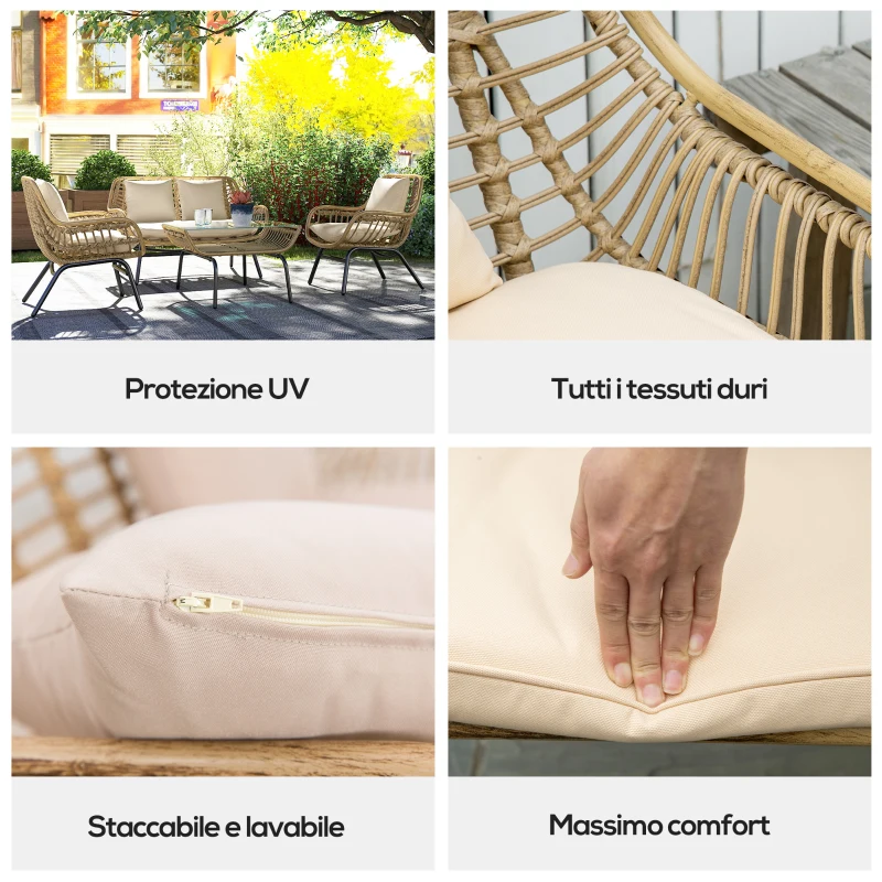 Outsunny Set da Giardino 4 Pezzi in Rattan PE e Metallo con Divanetto, 2 Sedie e Tavolino da Caffè, Beige